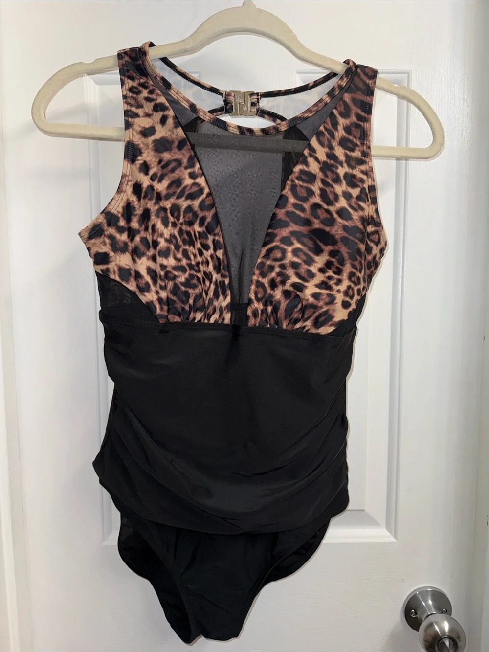 Leopard & Black Women’s One-Piece Swimsuit with Ruching, NEW